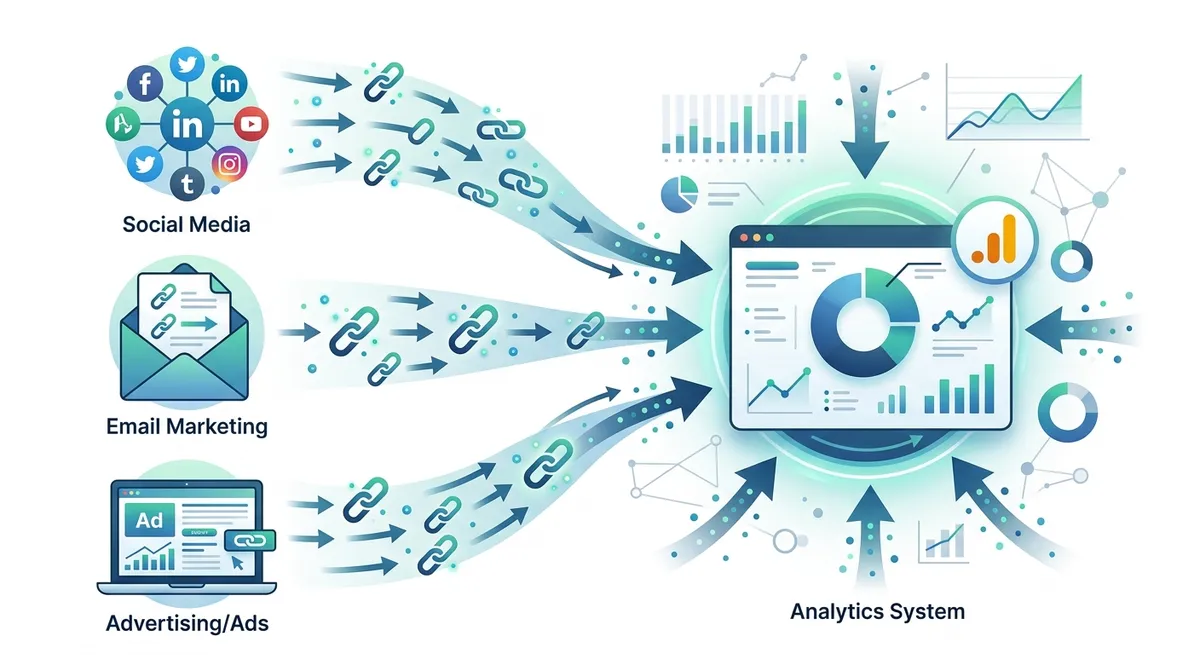 A visual representation of UTM parameter structure with arrows showing how tracked links flow from different marketing channels (social media, email, ads) into a central analytics system