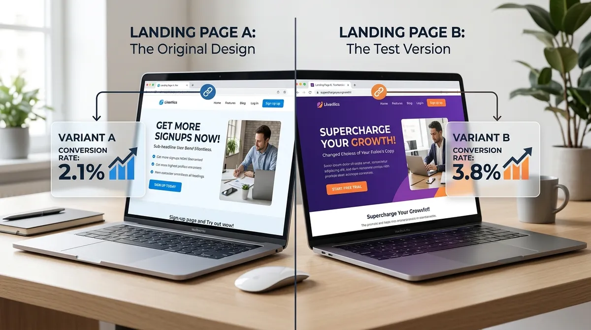 Split-screen comparison showing two landing pages with different messaging, connected by tracked links, with conversion rate data displayed as overlay graphics