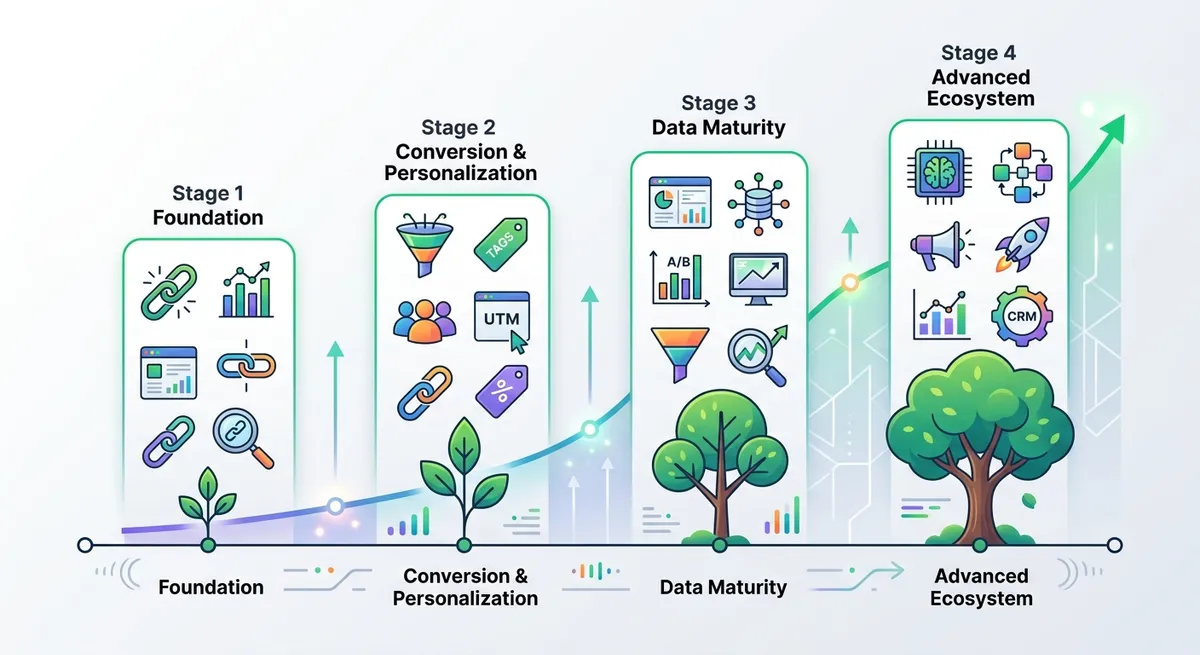 A growth-focused infographic showing the evolution from basic link tracking to advanced analytics integration, with icons representing different stages of micro-SaaS marketing maturity