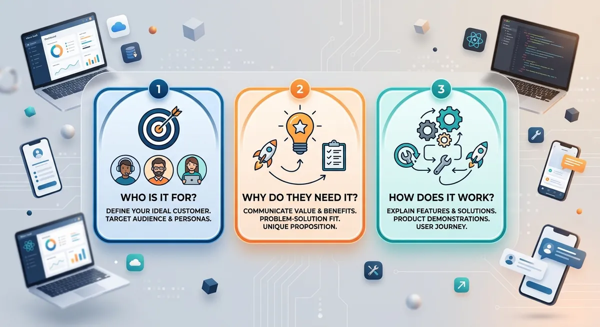 A minimalist infographic showing the three core questions of product marketing (who, why, how) with simple icons and clean typography, surrounded by micro-SaaS related elements like laptops and mobile devices