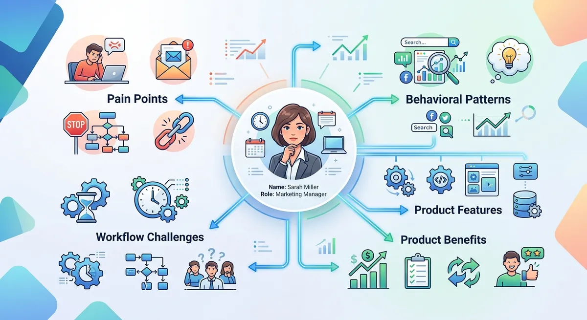 A visual representation of customer persona development, showing a detailed customer avatar surrounded by specific pain points, workflow challenges, and behavioral patterns, with connecting lines to product features and benefits