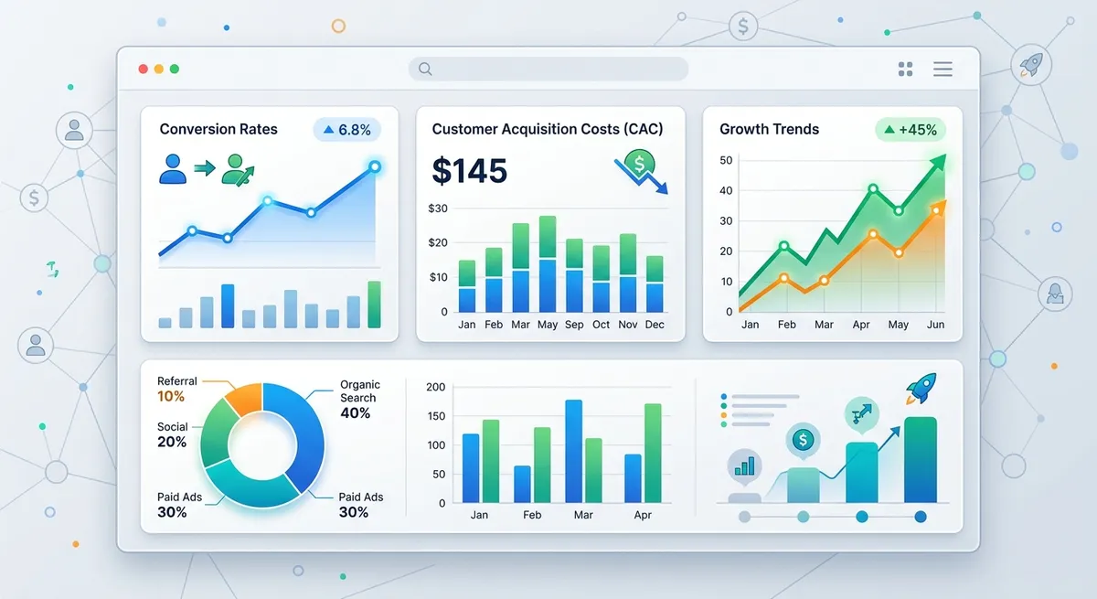 A dashboard-style illustration showing key product marketing metrics and analytics, with charts displaying conversion rates, customer acquisition costs, and growth trends in a clean, founder-friendly design