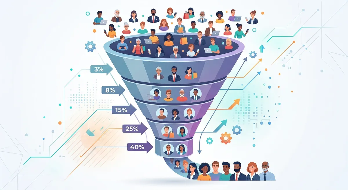Infographic-style illustration showing a funnel with scattered, diverse customer icons at the top flowing down to a focused group of similar customer profiles at the bottom, with conversion rate percentages showing improvement, representing how targeting improves marketing efficiency