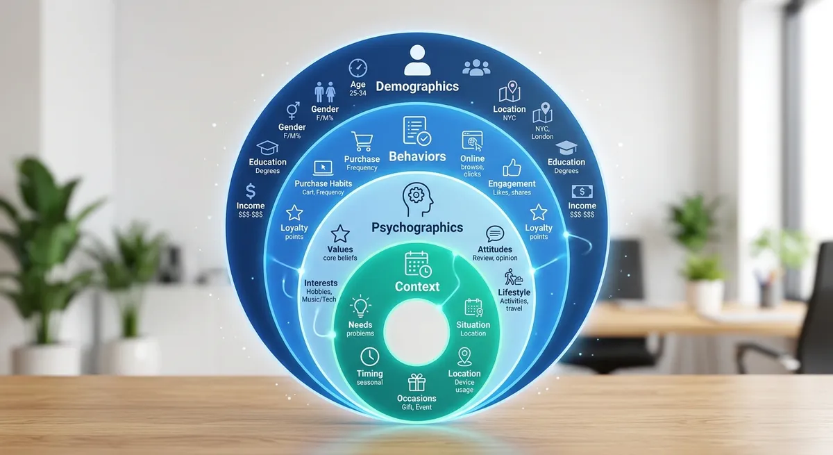 Four interconnected circular layers labeled 'Demographics,' 'Behaviors,' 'Psychographics,' and 'Context' with relevant icons and data points in each layer, forming a comprehensive customer research framework diagram