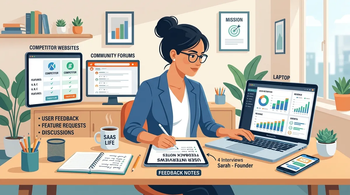 Flat design illustration of a micro-SaaS founder at a desk with multiple research sources around them: laptop showing analytics dashboard, interview notes, competitor websites, and community forums, representing the multi-channel research approach