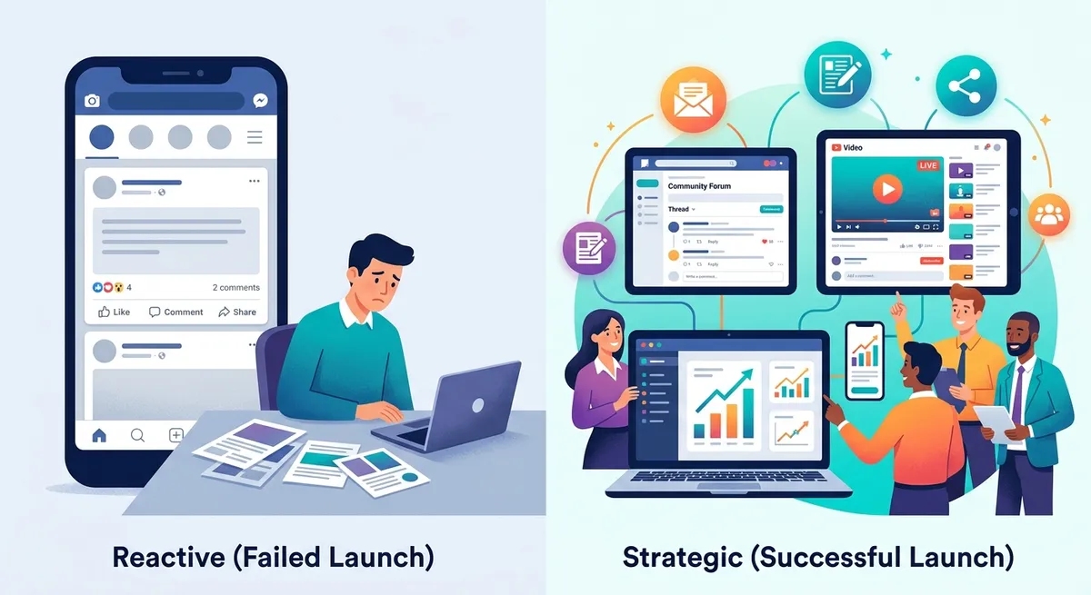Split-screen illustration showing a failed product launch (empty social media post with few likes) versus a successful strategic launch (multiple channels, engaged community, rising metrics) - highlighting the difference between reactive and strategic approaches