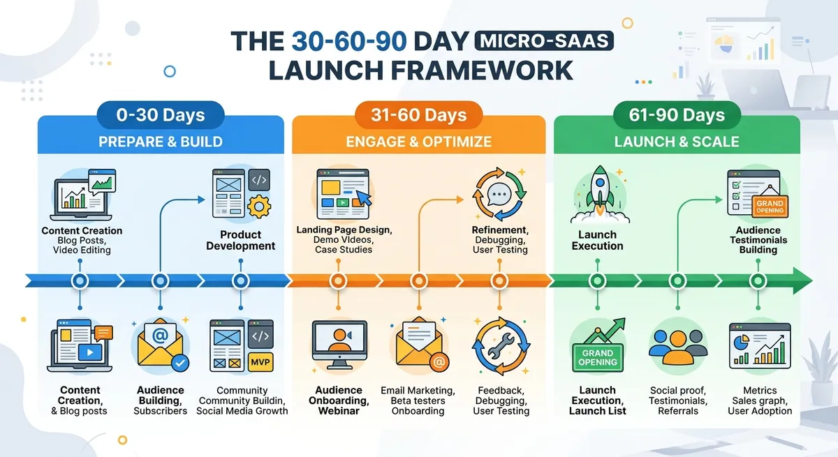 A clean timeline infographic showing the 30-60-90 day product launch framework, with icons representing different activities at each stage: content creation, audience building, and launch execution - designed for micro-SaaS founders
