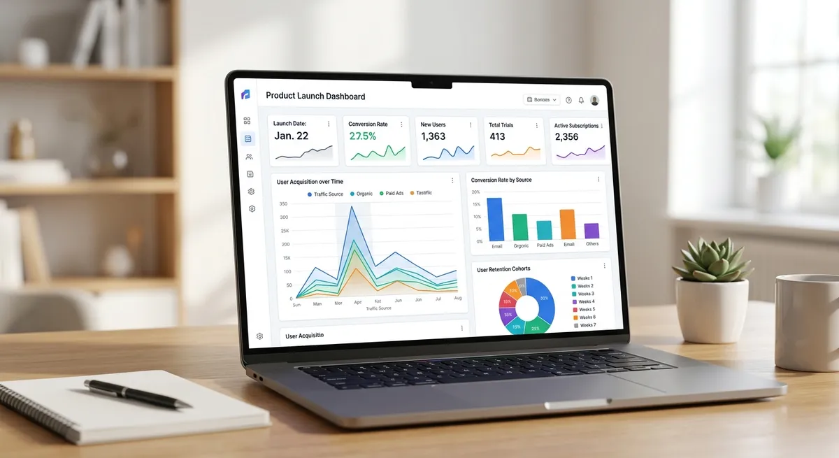 A dashboard mockup displaying key product launch metrics and analytics, with colorful charts showing conversion rates, user acquisition, and retention data - representing data-driven launch optimization for indie founders