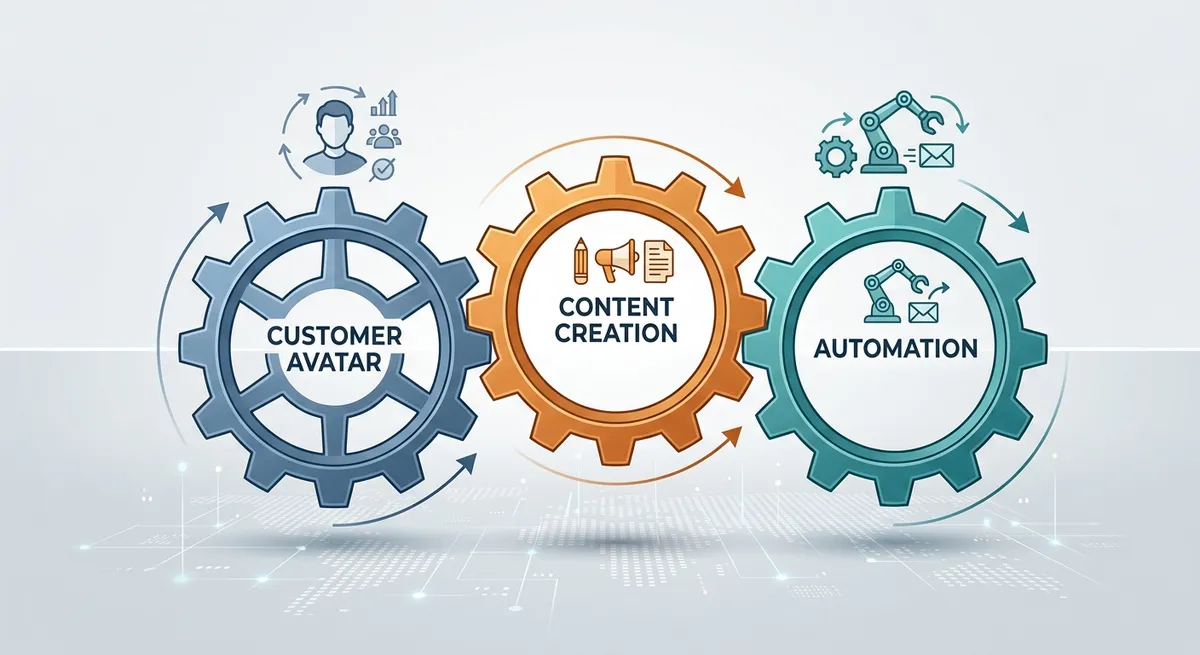 A minimalist illustration of three connected gears labeled 'Customer Avatar', 'Content Creation', and 'Automation', representing the core components of a marketing system foundation