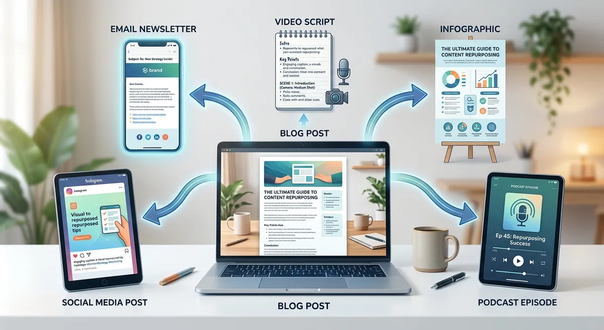 A visual representation of content repurposing, showing one blog post branching out into multiple formats like email newsletters, social media posts, and video scripts, with arrows indicating the flow