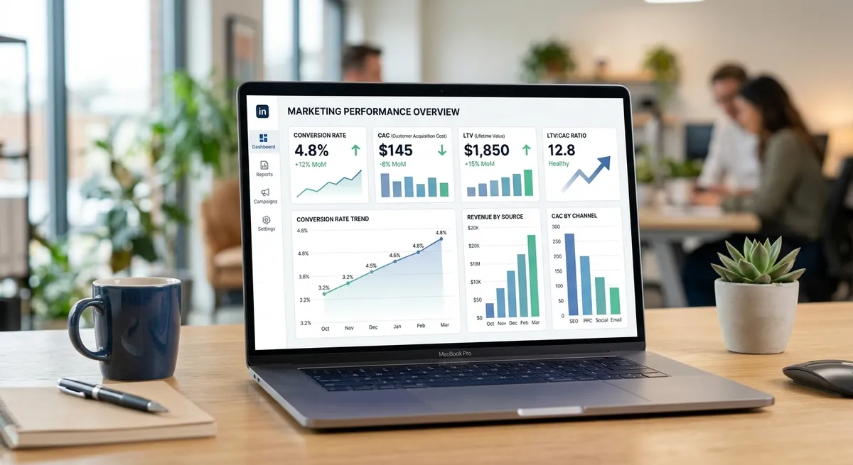 A clean analytics dashboard displaying key SaaS marketing metrics like conversion rates, customer acquisition cost, and lifetime value, with upward trending graphs and performance indicators