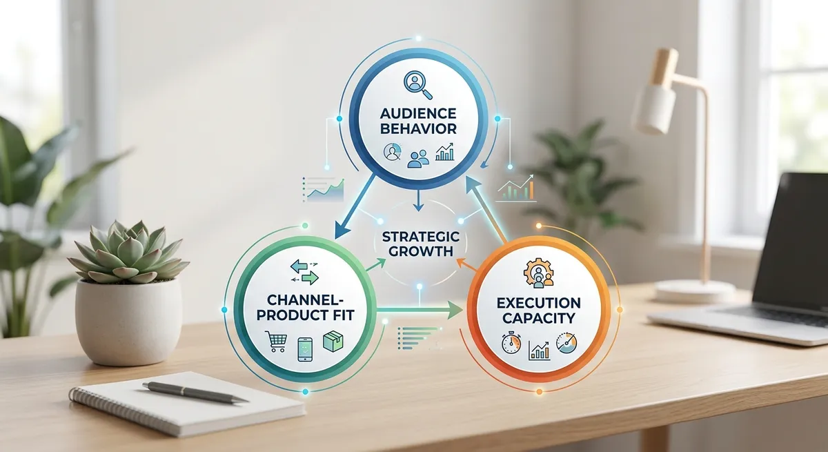 A strategic planning visualization showing a framework diagram with three interconnected circles labeled 'Audience Behavior', 'Channel-Product Fit', and 'Execution Capacity', with small icons and connecting lines, in a clean minimal design