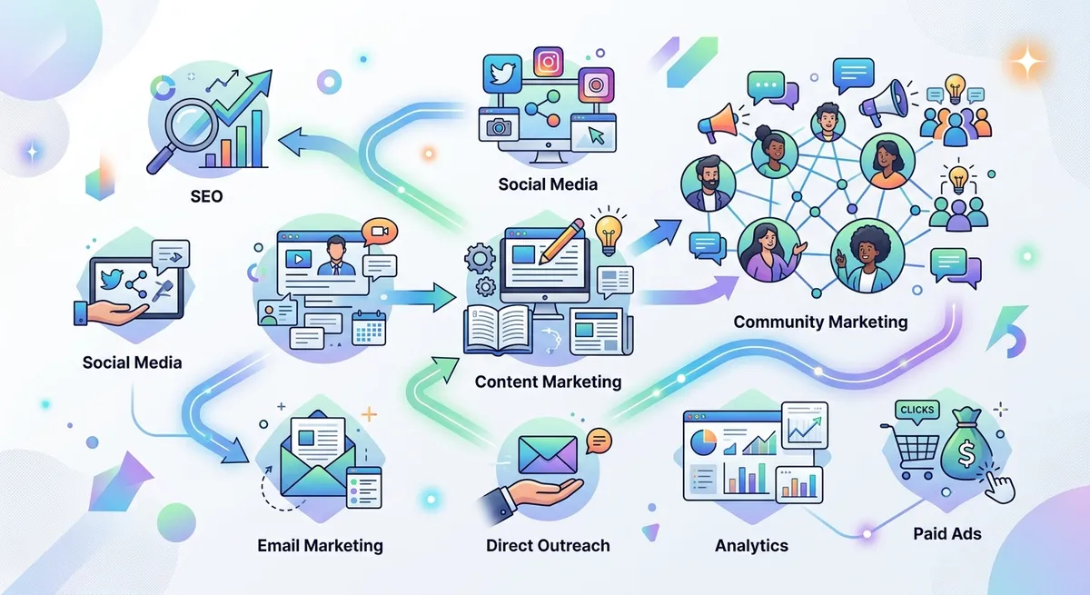 An illustration of various digital marketing channels represented as different platforms or stages, including content marketing (blog icon), community marketing (people network), and direct outreach (personal connection icons), arranged in a connected ecosystem