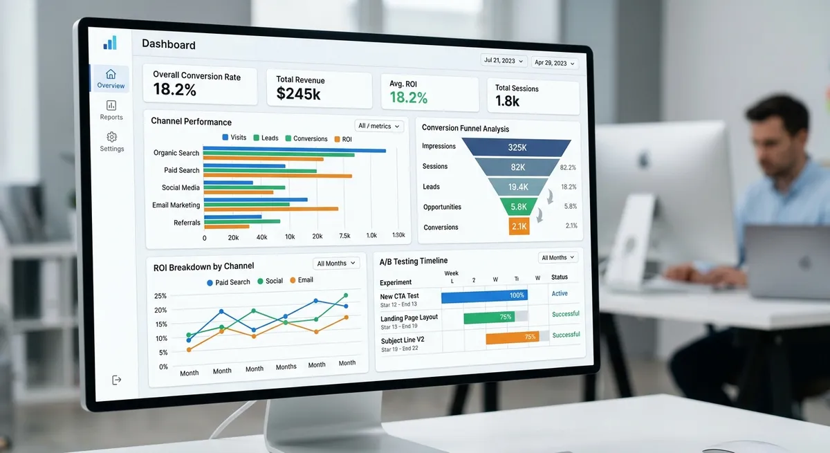 A dashboard or analytics visualization showing channel performance metrics, with graphs, charts, and KPI indicators, featuring elements like conversion funnels, ROI measurements, and testing timelines in a modern interface design