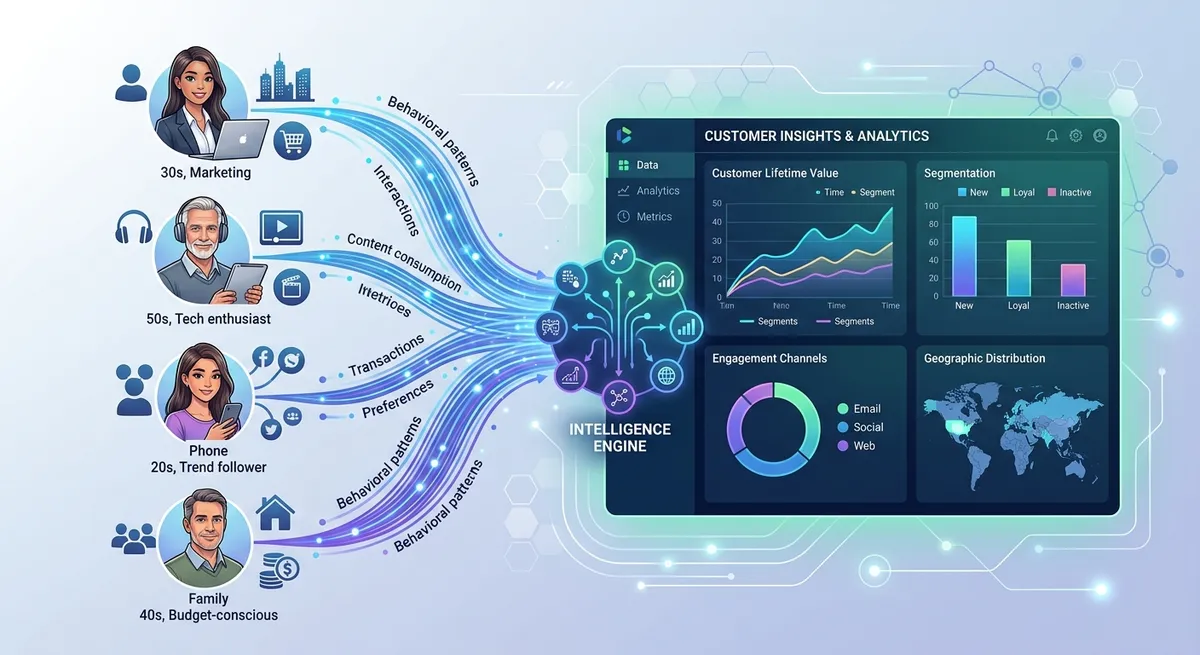 Visual representation of customer intelligence gathering with diverse customer personas, data points, and behavioral patterns connected by flowing lines, dashboard-style interface showing customer insights and analytics