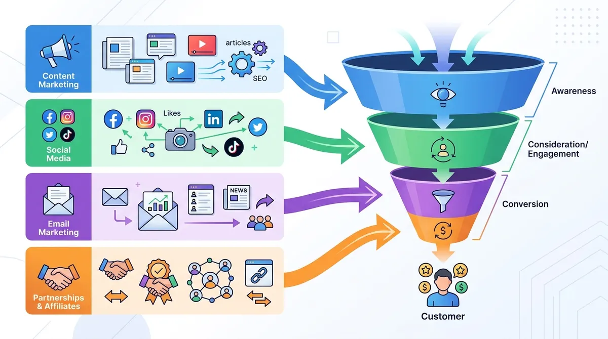 Multi-channel marketing framework diagram showing different acquisition channels (content, social, email, partnerships) flowing into a central conversion funnel, modern flat design with clear channel differentiation